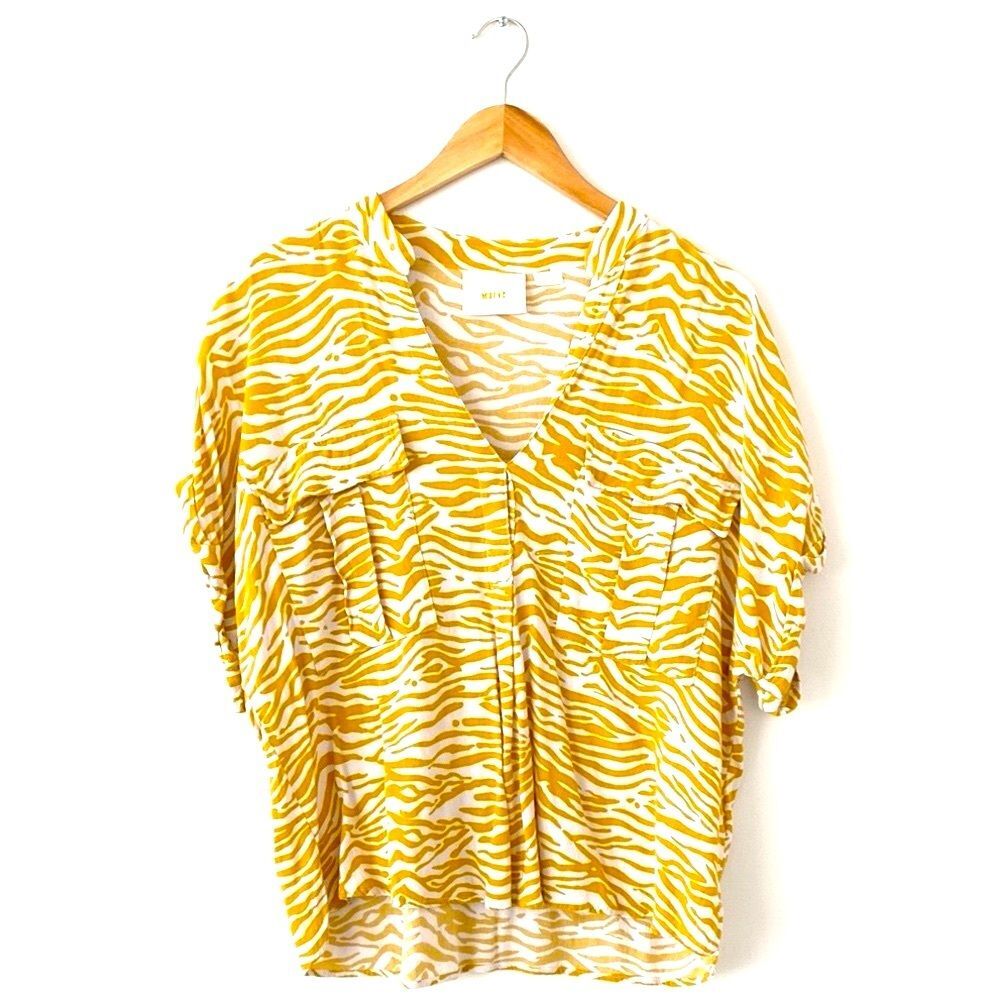 Anthropologie Maeve Citrus Yellow Animal Print Blouse Loose Fit Tunic sz L Boho